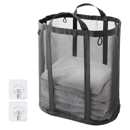 TECHMILLY ランドリーバッグ 折りたたみ 大容量 洗濯カゴ 自立式 軽量 ランドリーバスケット 通気性のよい メッシュ 洗濯バッグ 取っ手付き 粘着フック付き 壁掛け 洗濯物入れ 収納 バッグ ぬいぐるみ収納 旅行 家庭用 キャンプ 長さ40CM幅さ26CM高さ44CM(ブラック、1PCS)