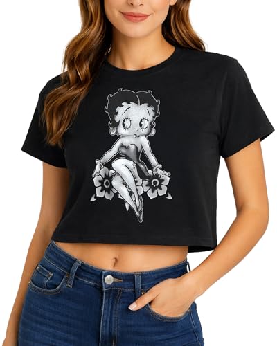 Betty Boop Womens Baby Tee Lightweight Cropped Graphic Shirts for Women Size Medium Betty Boop Black/Grey