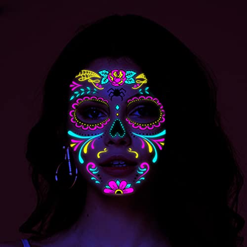Beaupretty 8 Folhas Brilham No Escuro Tatuagens: Tatuagens Temporárias de Rosto de Halloween Dia Das