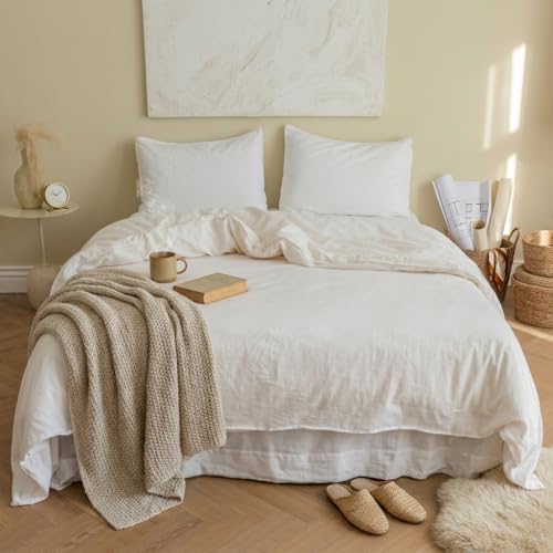 BISELINA French Linen Duvet Cover Set 3pcs with Hidden Zipper Closure Natural Flax Cotton Blend Solid Color Soft Breathable Luxury Farmhouse Bedding -Queen Size White