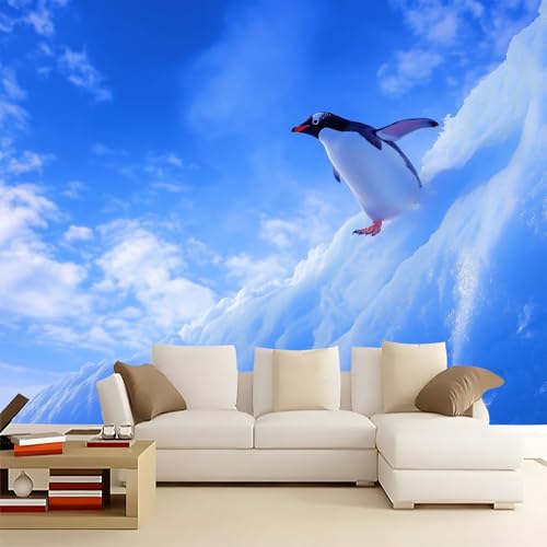 Azul Marino Papel pintado fotográfico 300 x 210 cm - No tejido Exquisito Cielo Azul Animales Pingüinos 3D Mural Decoración de pared Póster Imagen para dormitorio Sala de estar Fondo de TV