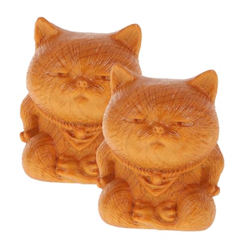 DEARMAMY 2個 手作り木製猫置物 デスクトップ用繊細な木彫り猫フィギュア リビングや寝室のインテリア装飾に適した 素材
