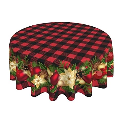 Sunshineyan Christmas Tablecloth 60 Inch Round, Red Christmas Buffalo Plaid Check Tablecloths Stain Resistance Polyester Table Cloth for Holiday Parties Kitchen Dining Indoor Outdoor Cover