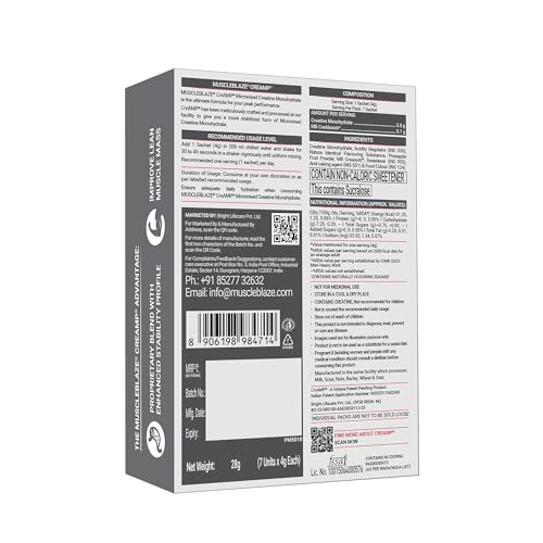 Image of MuscleBlaze Micronised Creatine Monohydrate CreAMP Powder, 7 Sachets | Candy Rush | Trustified Certified Creatine | Travel Pack