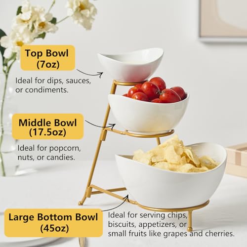 Gomakren 3 Tiered Oval Serving Bowl with Collapsible Metal Rack, Chip and Dip Serving Set, Dessert Appetizer Bowl Set (45oz / 17.5oz / 7oz), White Serving Bowls For Entertaining (Gold Stand) - Image 5