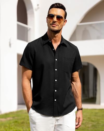 Image of Alimens & Gentle Mens Linen Shirts Short Sleeve Button Down Shirts Wrinkle Free Casual Vacation Beach Summer Tops