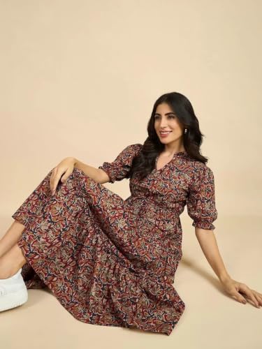 Image of PIDAVLIYA'S Women's Floral Summer Maxi Dress I Cotton Printed I One Piece Bodycon Midi Dress with V-Neck, Puffed Sleeves