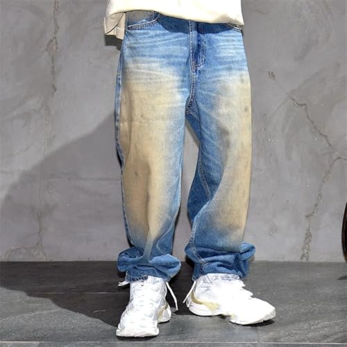 Men’S Vintage High Street Baggy Straight Denim Skateboard Pants Slim Fit Button Fly Distressed Full Length Casual Jeans4