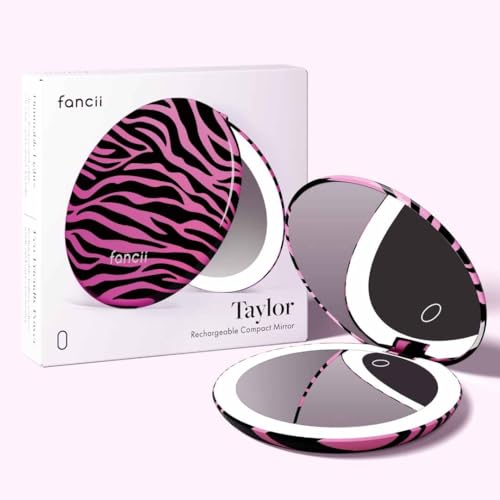 Image of Fancii Taylor LED Lighted Travel Makeup Mirror, Rechargeable, 10x /1x Magnifying, Tru-Glow Lighting System, XL Large 5 inch Wide | Compact Mirror for Purses (Hot Pink Safari)
