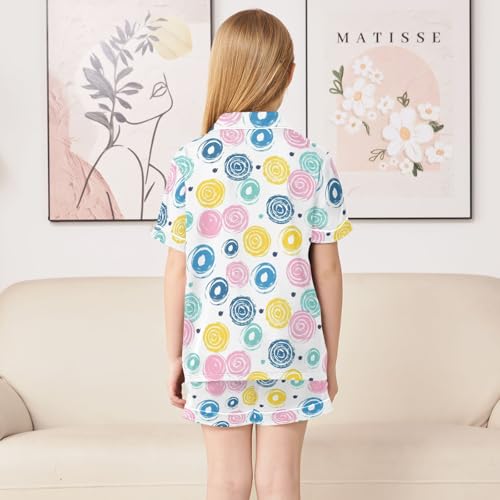 Colorful Cute Circle Pattern Summer Satin Pajama Set, Cute Button-Down Sleepwear Pj Set for Sleep Wears4