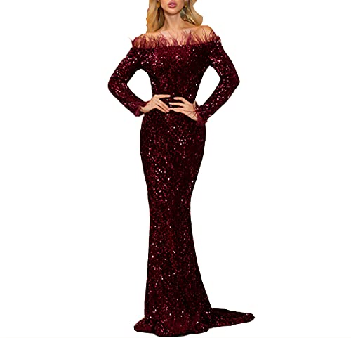 Women Strapless Off Shoulder Long Sleeve Backless Floor Length Feather Sequin Wedding Evening Party Maxi Dress