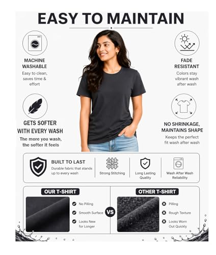 Image of Women's 100% Cotton T Shirt - Crew Neck, Short Sleeve, Regular Fit | Soft Breathable Fabric | Premium Everyday Basic Comfort Fit Tee for Casual
