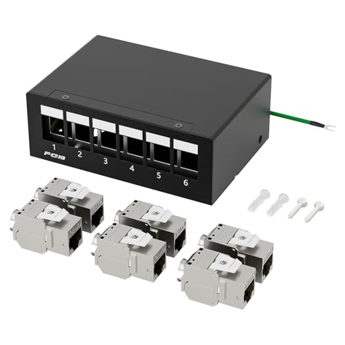 FGB 10 Gbps 6 Port CAT7 Patch Panel with 6x CAT.7 RJ45 Keystone Jack Module, STP Patch Panel Distribution Panel for Network LAN DSL, Compatible CAT6 CAT6a CAT7 CAT8 Installation Cable Network Cable