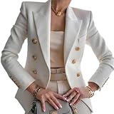 Women's Double Breasted Blazer Notch Collar Cuff Suit Pockets Cotton Slim Fit Business Office Blazer Jackets(White01, Small)
