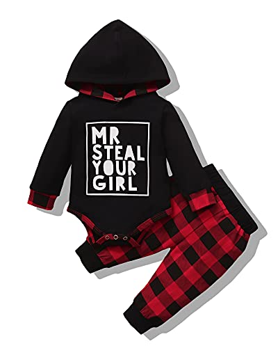 Image of Infant Baby Boys Clothes 3-6 Months Mr Steal Your Girl Long Sleeve Letter Printed Romper Bodysuit + Plaid Pants 2Pcs Fall Winter Outfits Set