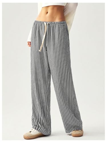 MakeMeChic Women's Striped Elastic Waist Drawstring Wide Leg Baggy Palazzo Pants Loose Y2K Trousers Loungewear3