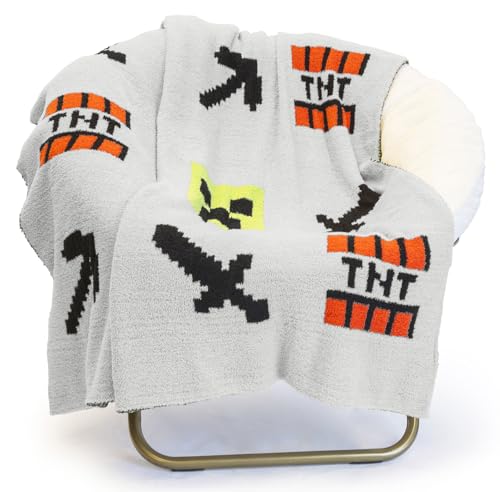 Minecraft Feather Knit Fluffy Throw Blanket - Creeper and Weapons Fuzzy Blanket Measures 50 x 60 Inch, Super Soft Lightweight Gamer Bedding