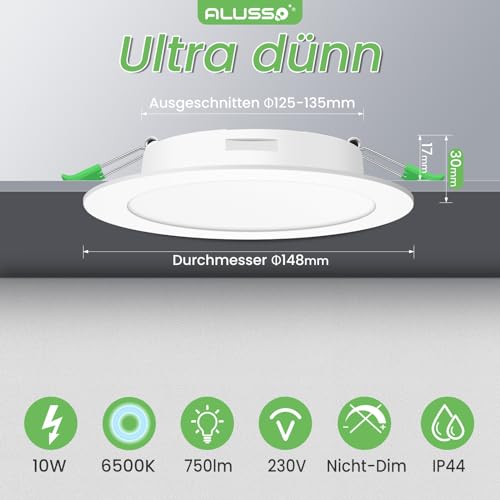 ALUSSO LED Einbaustrahler 230V, 10W 750lm LED Einbauleuchten Kaltweiß 6500K, LED Spots 125-135mm, IP44 Deckenstrahler für Badezimmer Wohnzimmer Küche, 6er Set