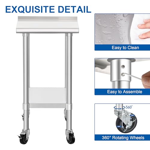 Image of HARDURA Stainless Steel Commercial Work Table with Wheels Prep & Work Metal Table 24x24 Inches Heavy Duty NSF with Casters and 2 inch Backsplash