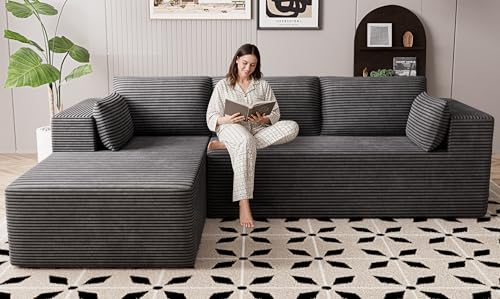 Image of 106 inch Cloud Sectional Boneless Couches for Living Room, Modular L Shaped Couch with Deep Seat Oversized Left Facing Chaise, Memory Foam Compressed Spineless 3 Seater Sofa for Bedroom Apartment, Grey
