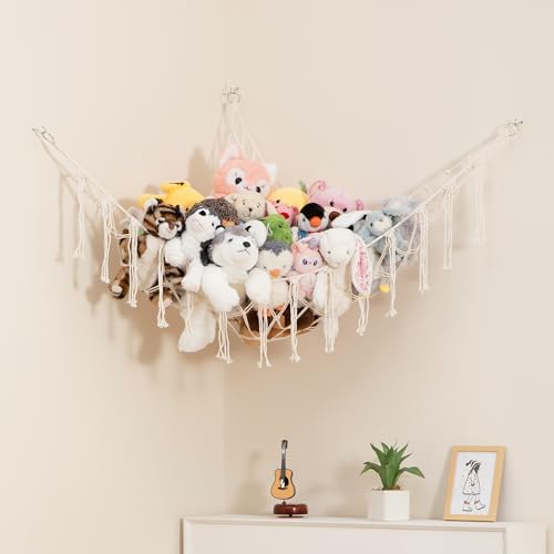Image of Lilly's Love Stuffed Animal Storage Macrame Hammock, Large - Boho Room Decor Toy Storage - Corner Hanging Plushie Stuffed Animal Net Organizer (White)