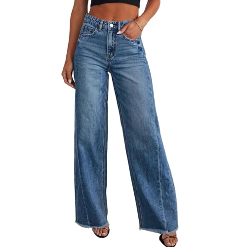Wide Leg Jeans Woman Stretch Raw Hem Baggy Jeans Casual Loose Denim Pants with Pockets High Waisted Palazzo Pants