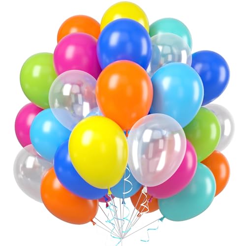 Pool Party Balloons, 60pcs 12 Inch Blue Green Orange Yellow Hot Pink Teal Clear Balloons for Sea Life Theme Birthday Pool Beach Theme Party Decorations