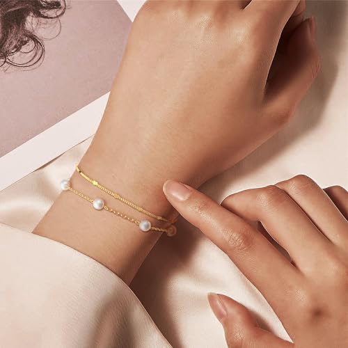 Pearl Bracelets for Women, 14K Real Gold Plated Layered Pearl Bracelets for Women Waterproof, Jewelry Gifts for Her4
