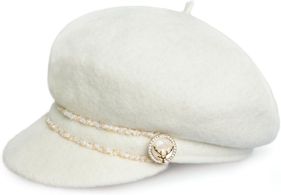 Dahlia Women's Newsboy Cap - Warm Wool Hand Beaded Hat,with Decorative Deer Buttons,Cream White