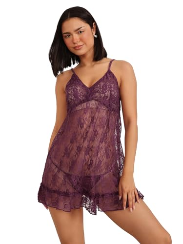 Image of Clovia Women's Lace Self-Patterned Knee Length Babydoll with Matching Thong