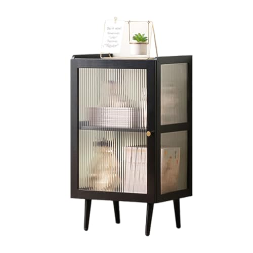Estante alto de almacenamiento y vitrina de bambú con puertas de vidrio acanalado, organizador de cuatro lados para decoración de libros y coleccionables, estantería negra moderna para sala de estar y