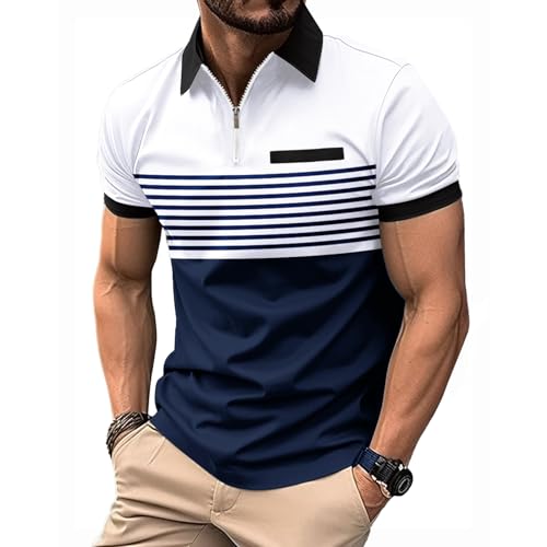 NLAND Polo Hombre Manga Corta con Cremallera Camiseta Polo Camisa Slim Fit Hombre Transpirabilidad Absorción Rayas Verano Ropa Tennis Regular Fit T-Shirt,Blanco XL