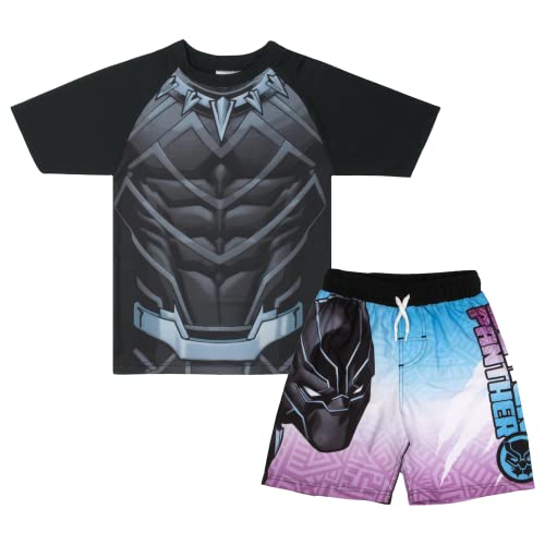 Marvel Boys Avengers Spiderman Black Panther Miles Morales 2-Piece Cosplay Swimsuit Set, Rash Guard & Swim Trunks for Boys