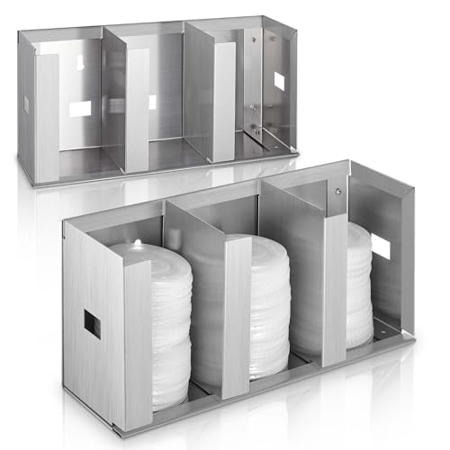 Hicarer 3 Compartments Stainless Steel Cup Dispenser with Adjustable Dividers Silver Cup and Lid Holder Lid Organizer Storage for Cabinet Kitchen Cafe Tea Shop Restaurant