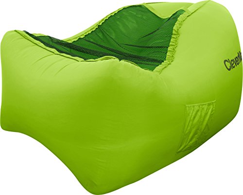 CleverMade Inflatable Lounger: Lightweight Recliner Style, Portable Outdoor Beach Chair with Carry Bag, Ground Stakes, and Storage Pockets, Lime