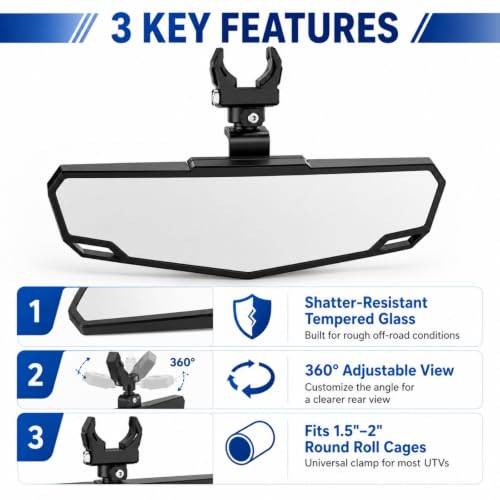Espejo UTV antirotura con rotación 360 grados y abrazadera universal para caminos 3