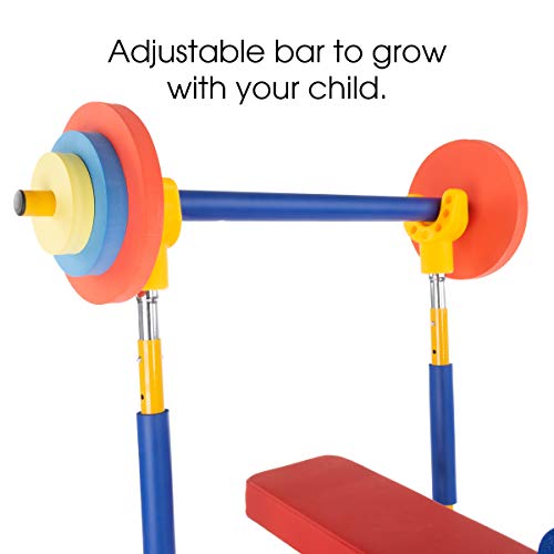 Hey! Play! Toy Bench and Leg Press-Children's Play Workout Equipment for Beginner Exercise, Weightlifting and Powerlifting - for Boys and Girls, Brown