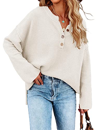 Saodimallsu Women'S Oversized Sweaters Batwing Long Sleeve Loose V Neck Button Henley Tops Pullover Knit Jumper White cover