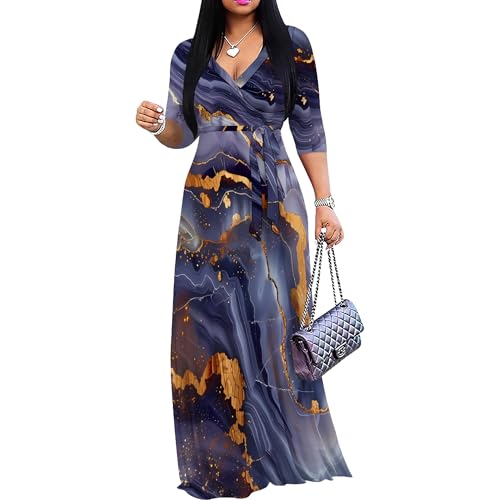 Image of PinkPatty Women's Print Maxi Dresses 3 /4 Sleeve Flowy Long Dress V Neck Wrap Tie Waist Sundress