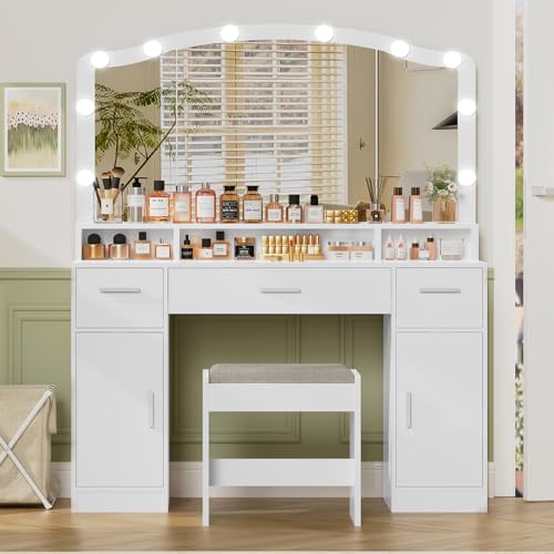 usikey Large Vanity with Mirror and Light, Dressing Table Set with 3 Drawers, 2 Cabinets and 10 LED Bulbs Dresser with Stool for Women,Bedroom,Bathroom, White