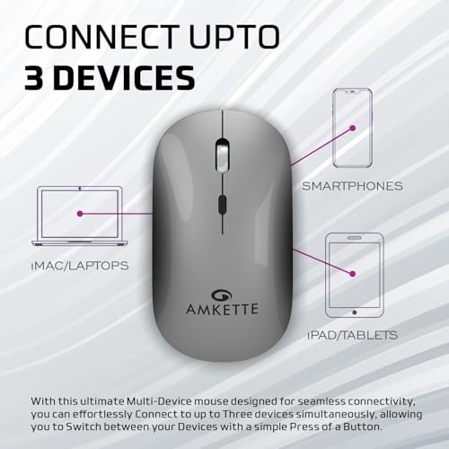 Image of Amkette Hush Pro Epic LP Rechargeable Wireless Mouse /Bluetooth Mouse | Multi-Device Connectivity with 2.4 GHz & 2X BT, Silent Switches, Slim & Lightweight Travel-Friendly Design, Upto 3200 DPI (Grey)