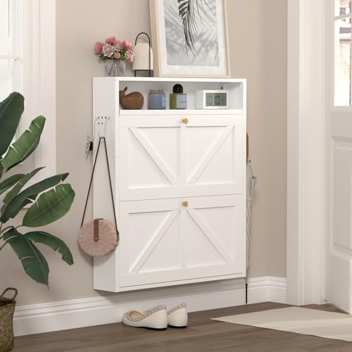 Image of Shoe Cabinet, 2 Flip Shoe Rack for Wall Mounted, Ultra Slim Shoe Organizer for Entryway, Front Door Shoe Storage, Anti-Tip, White