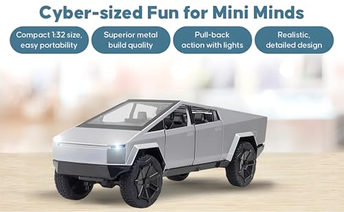 Image of Tesla Cyber Truck Toy | 1:32 Scale Diecast Alloy Metal Model Pullback Action Cars | Pickup Truck with Openable Doors, Light & Sound Toy for Kids | Best Gift for Boys & Girls