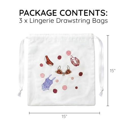 Image of Lingerie Drawstring Bags Set of 3, 15x15 inch, 100% Pure Cotton, Cute Embroidery Pouch for Underwear, Swimwear, Delicates & Travel Storage, Washable Beach Bags for Women (White)