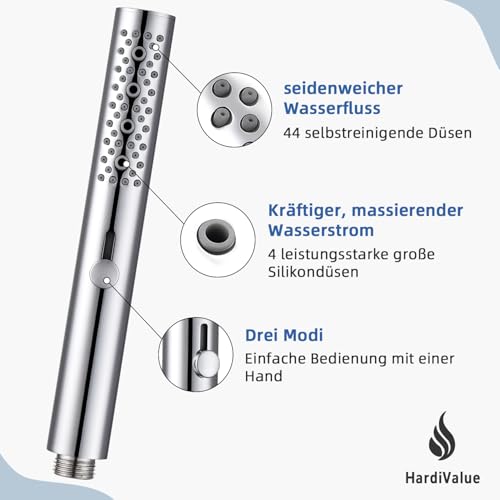 HardiValue Ganzmetall-3-Funktions-Handbrause für Das Bad, Wassersparender Rundbrausekopf Mit Massagefunktion, Pflegeleichte Silikondüse, Chrom