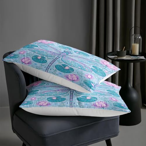 Image of AILONEN Full Comforter Set 3 Piece, Aqua Dragonfly Lotus 3D Printed Bedding with 2 Pillowcases, Soft Breathable Microfiber Serene Decor for Guest Room