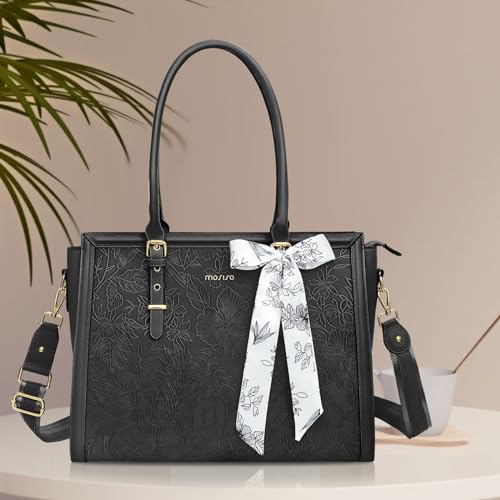 Image of MOSISO Laptop Bag for Women, PU Leather Tote Bag, Front Embossed Retro Hibiscus Computer Bags with Silk Scarf&Clutch Purse