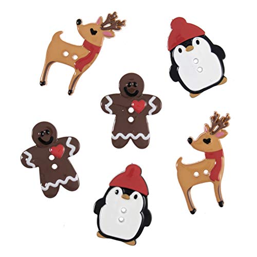 Tricot Créations Boutons Fantaisie de Noël Pingouin Renne et Bonhomme de Pain d'Epice Lot de 6 Cover