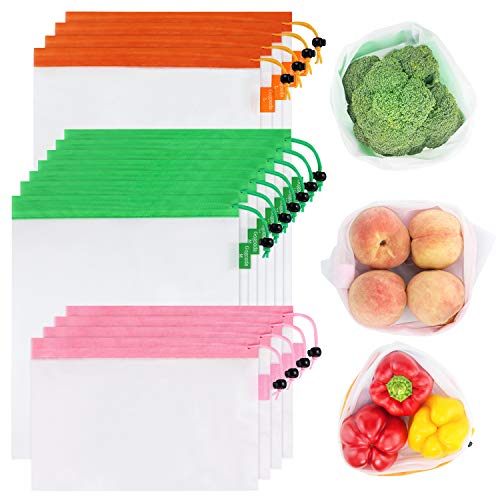 GOGOODA, 3 Size Lightweight Washable and See Through Mesh Produce Bags with Drawstring, Toggle Tare Weight Tag, Color Band for Easy to Pick, 4 Large 7 Medium &4 Small, Orange Green and Pink