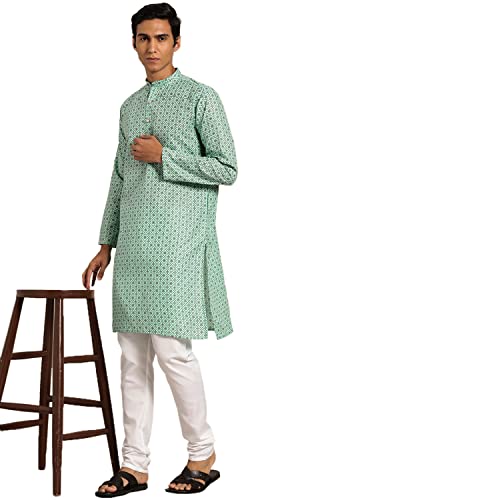 Image of SOJANYA (Since 1958 Men's Cotton Linen Blue Foil Printed Kurta and White Pyjama Set